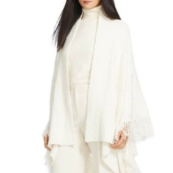 Lauren Ralph Lauren Monochromatic Plaid Fringed Bouclé Wool Blend Poncho NWT